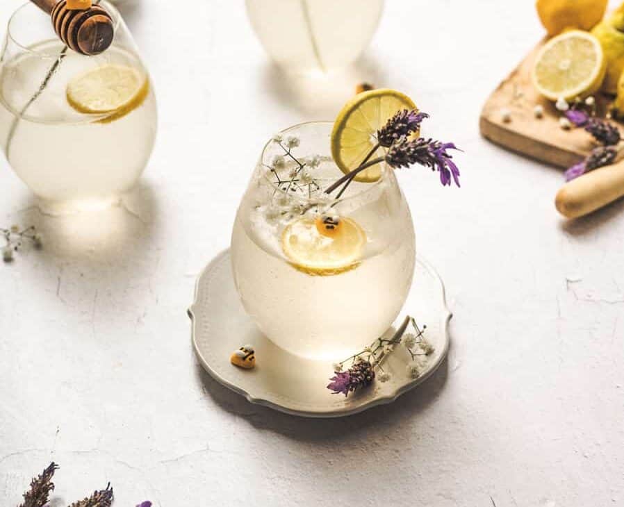 close up image of lemon lavender bees knees cocktail
