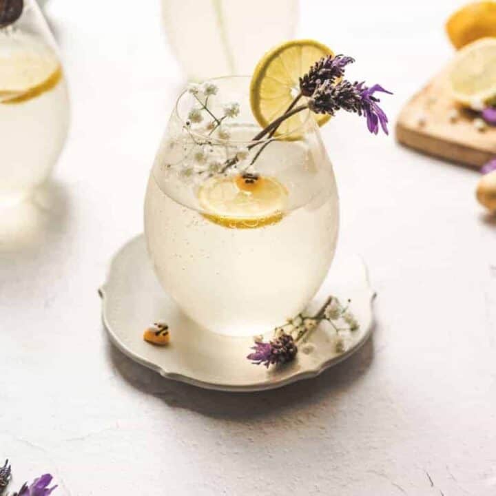 close up cover image of lavender lemon bees knees gin cocktail