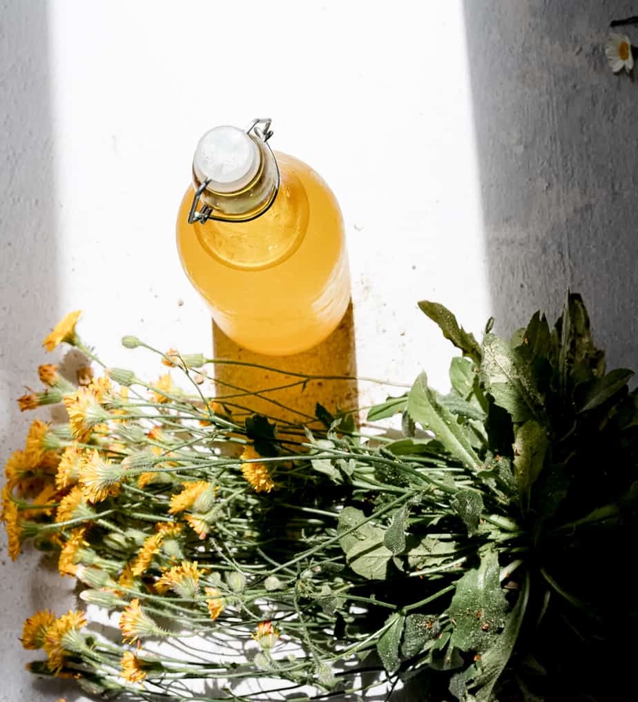 bright shot of a yellow glass jar of dandelion lemonade