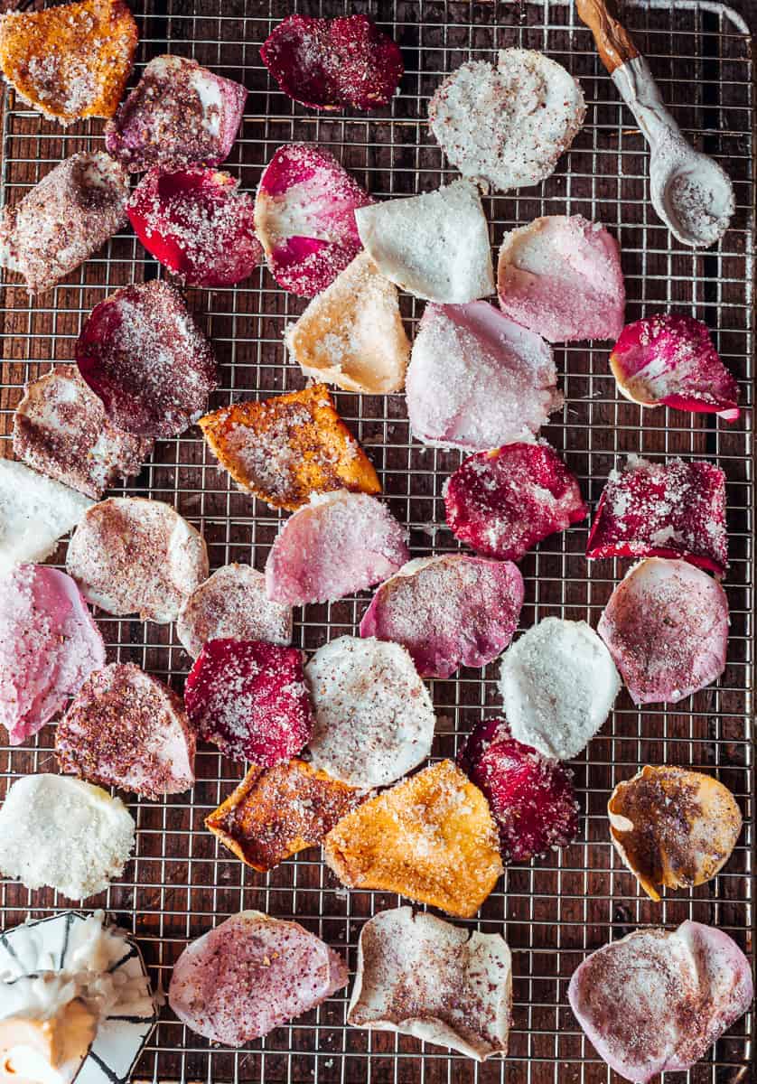 candied rose petals overhead close up