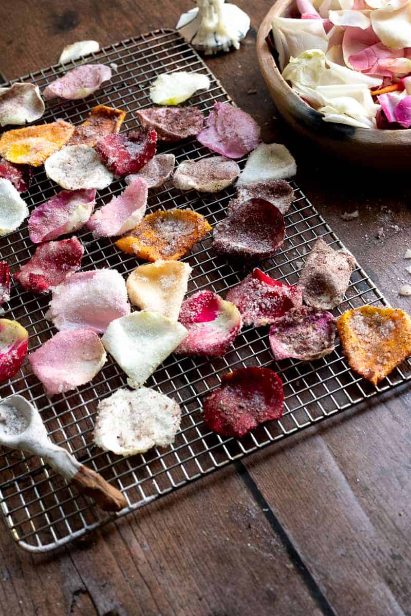 angle shot of candied rose petals