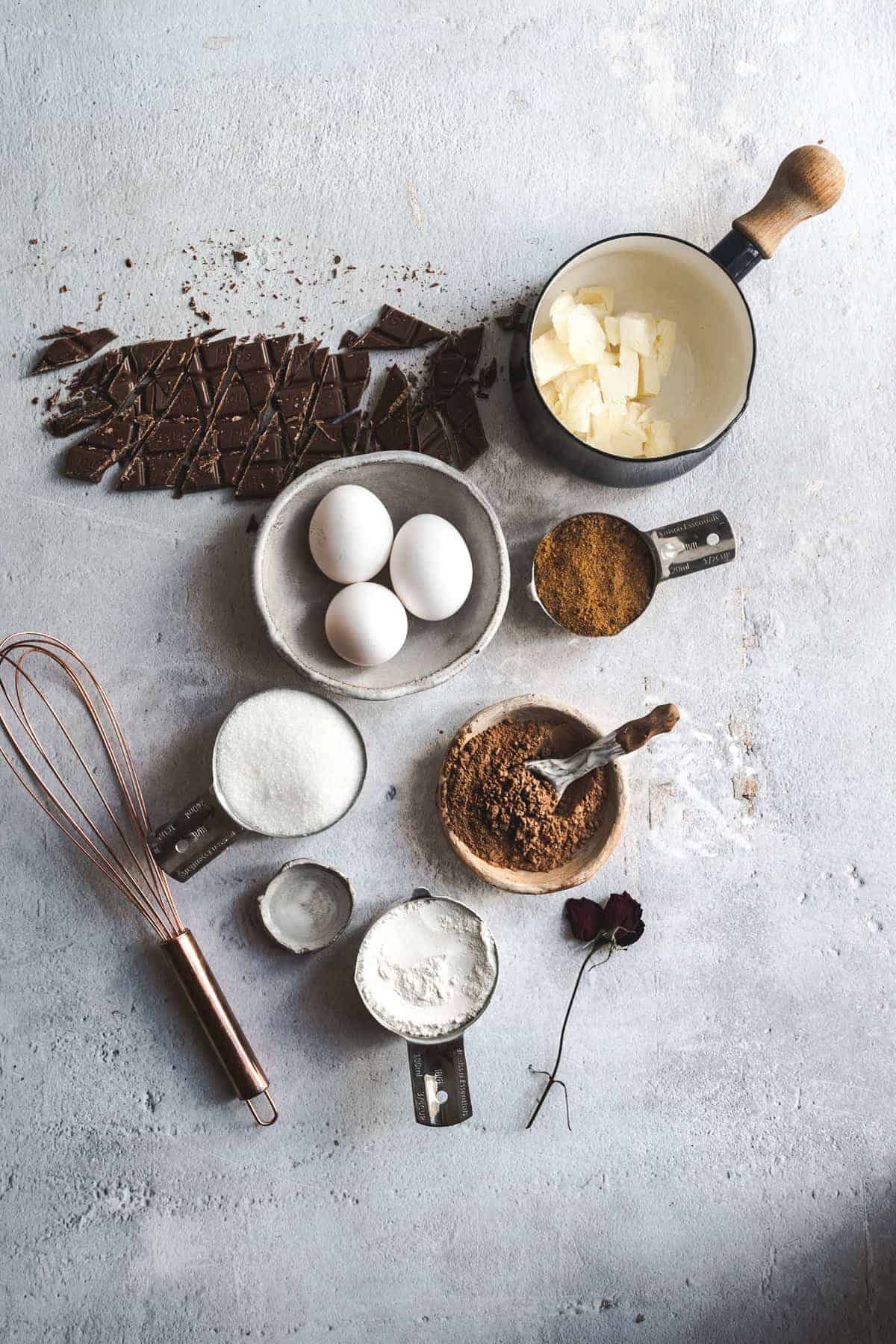 overhead image of ingredients for rich rose brownies