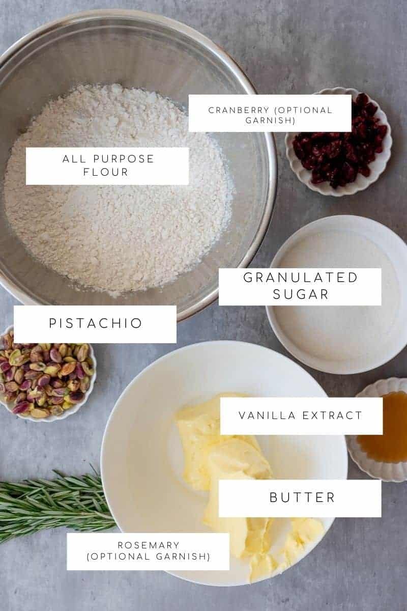 overhead shot with ingredients labeled for pistachio shortbread