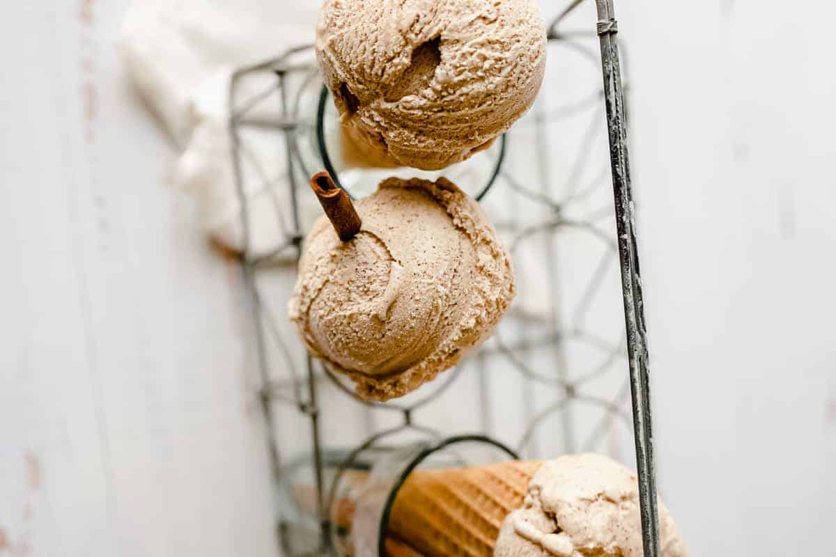 overhead shot of scoops of homemade bourbon cinnamon ice cream