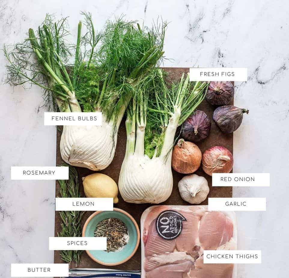 overhead shot of ingredients needed to make oven roasted chicken thighs with fig and fennel