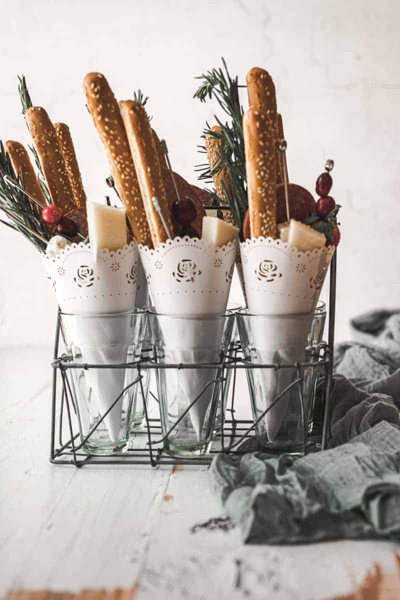 Charcuterie cones with fresh cranberry skewers
