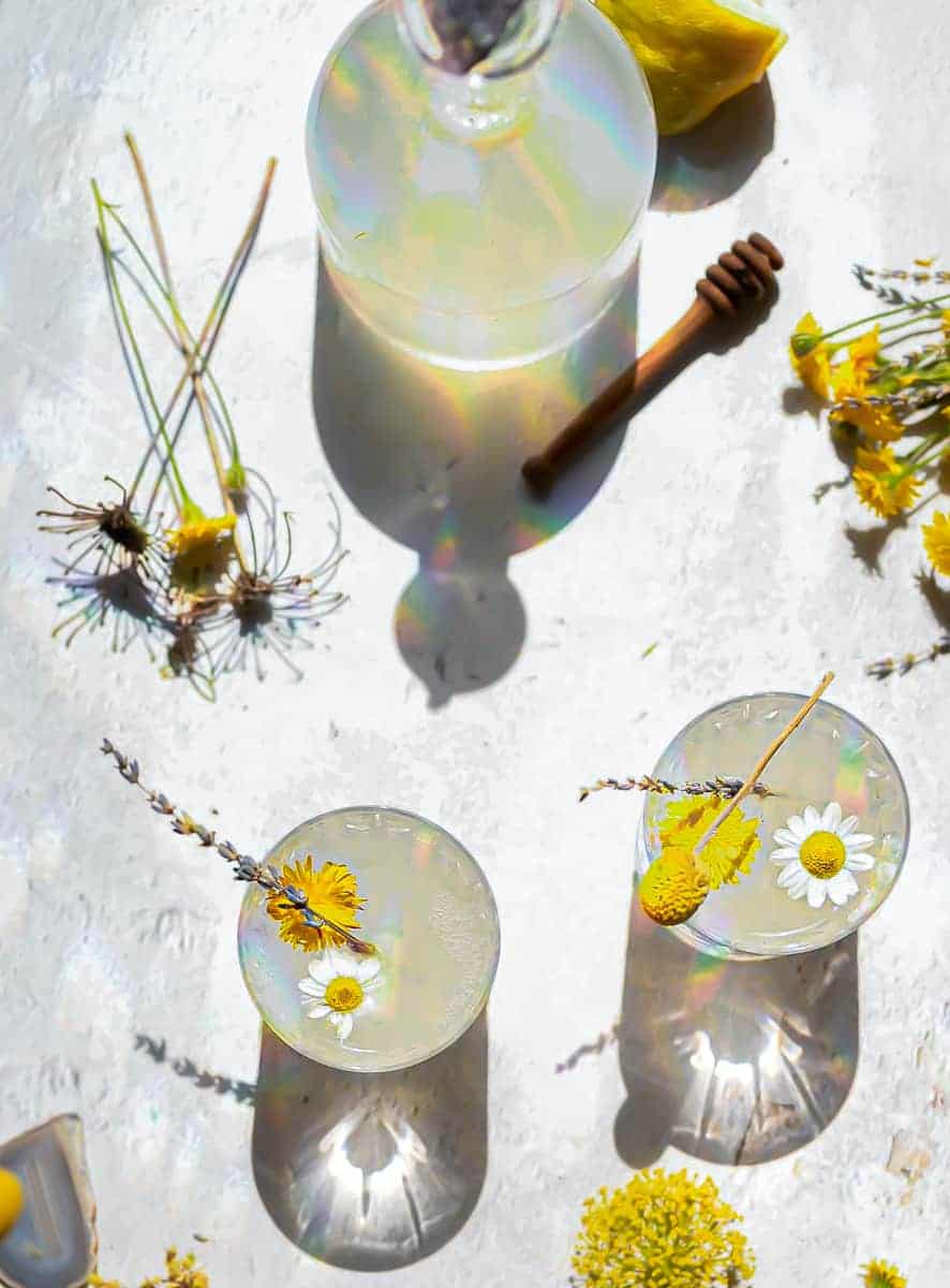 gorgeous shot of dandelion lemonade glasses with a pitcher of dandelion lemonade in the upper right corner with rainbow light flashes coming through