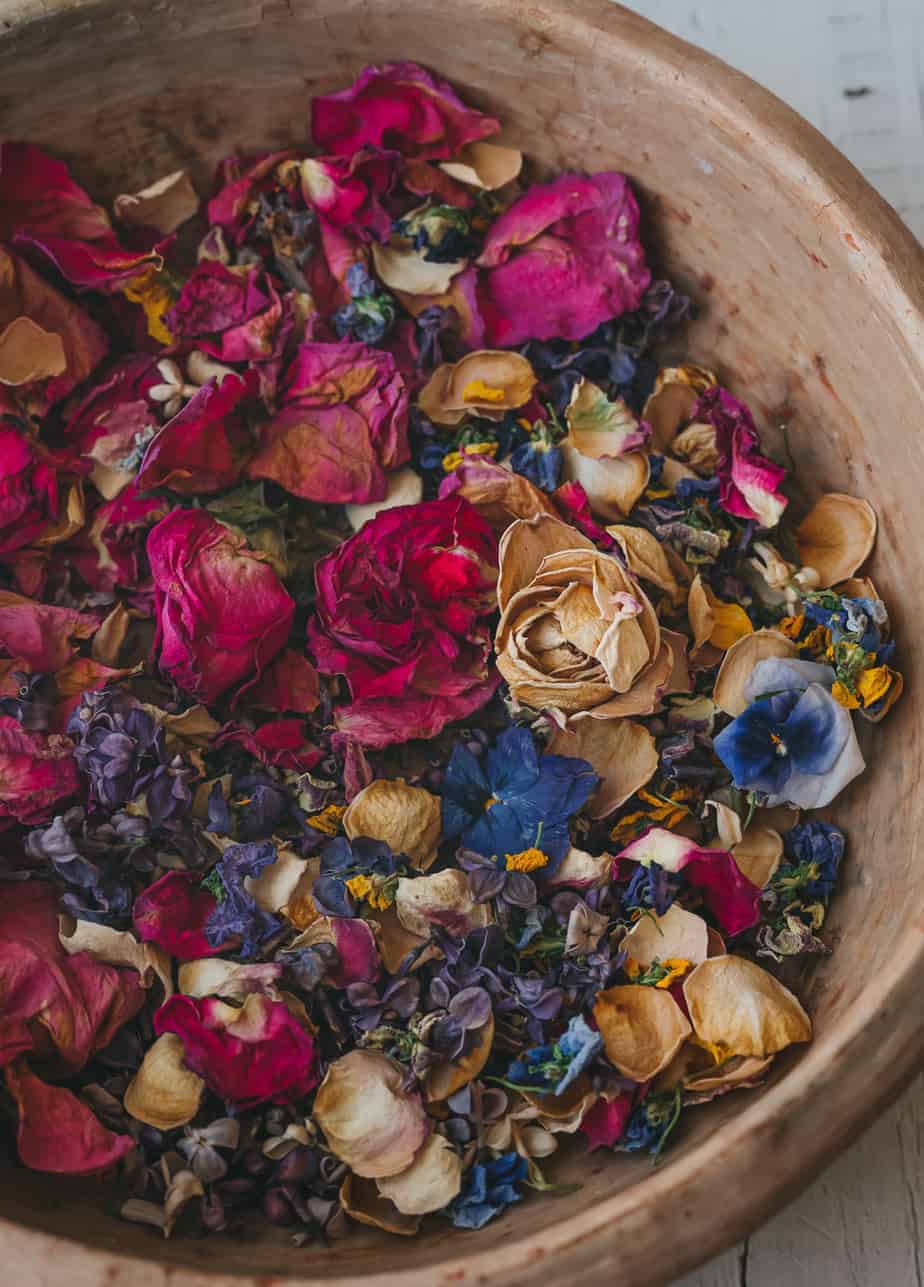 bowl of vibrant edible flower confetti