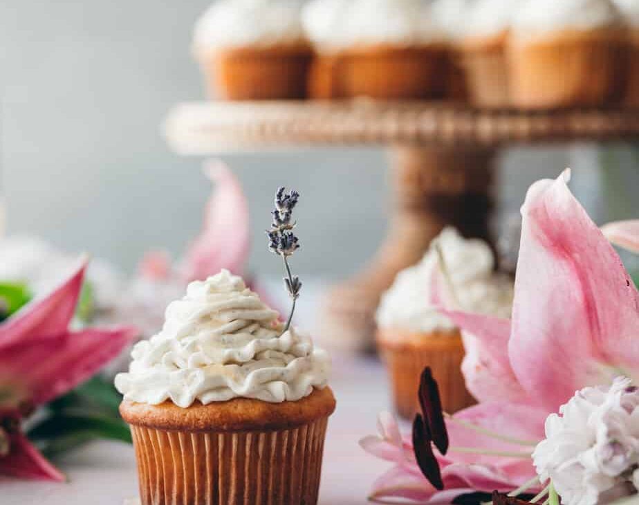 close up shot of a cupcake topped with lavender buttercream with a sprig of candied lavender garnishing it