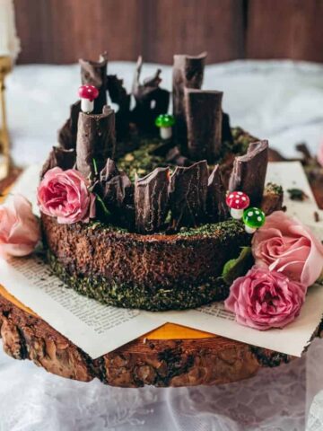 close up 45 degree angle image of a chocolate cheesecake with green edible moss crust and chocolate bark topping