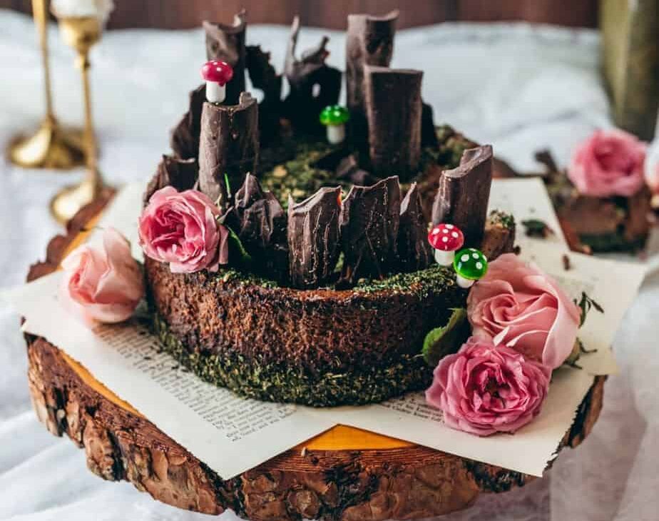 close up 45 degree angle image of a chocolate cheesecake with green edible moss crust and chocolate bark topping