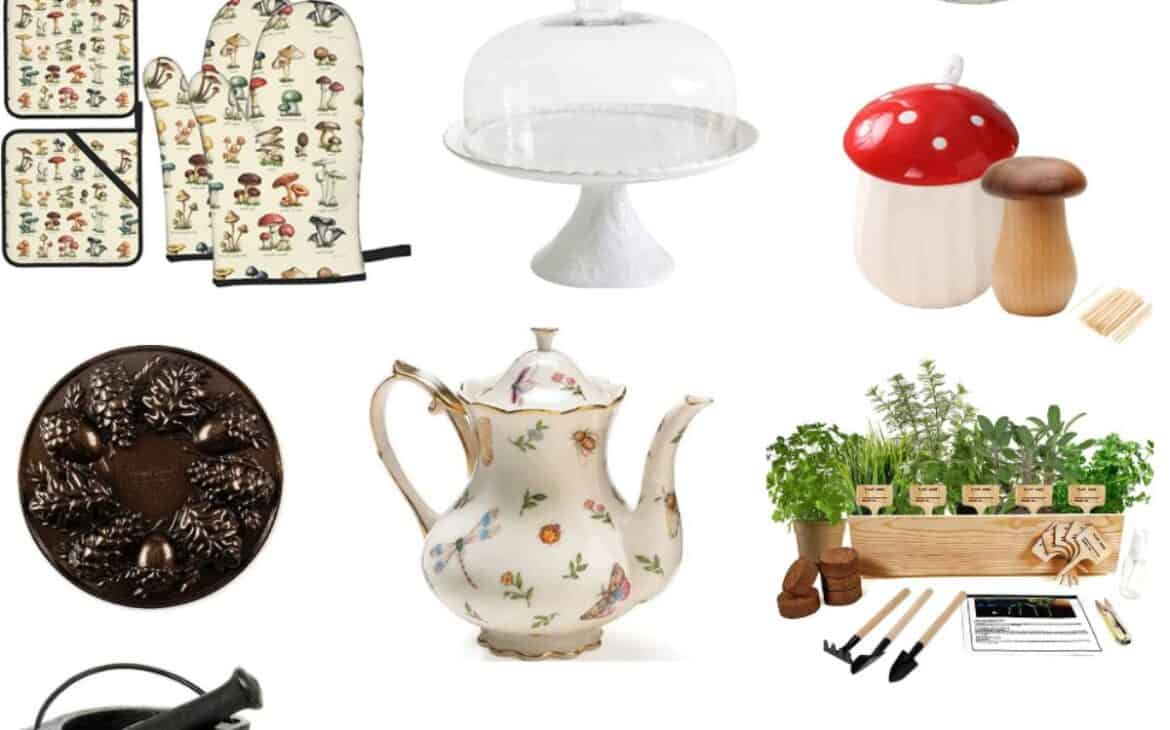 graphic with oven mitts with mushrooms, a cake pan with pine cones, a cauldron mortar and pestle, a vintage tea pot, a white porcelain cake stand, a small herb garden, a small ceramic mushroom, a small wooden bread box