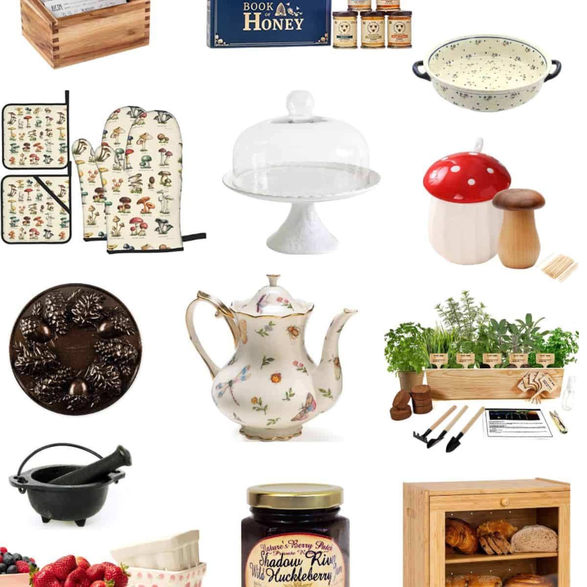 graphic with oven mitts with mushrooms, a cake pan with pine cones, a cauldron mortar and pestle, a vintage tea pot, a white porcelain cake stand, a small herb garden, a small ceramic mushroom, a small wooden bread box