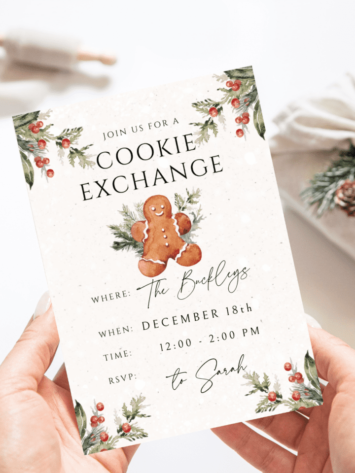 image of woman holding invitation for cookie exchange | graphic free printable with gingerbread man on it