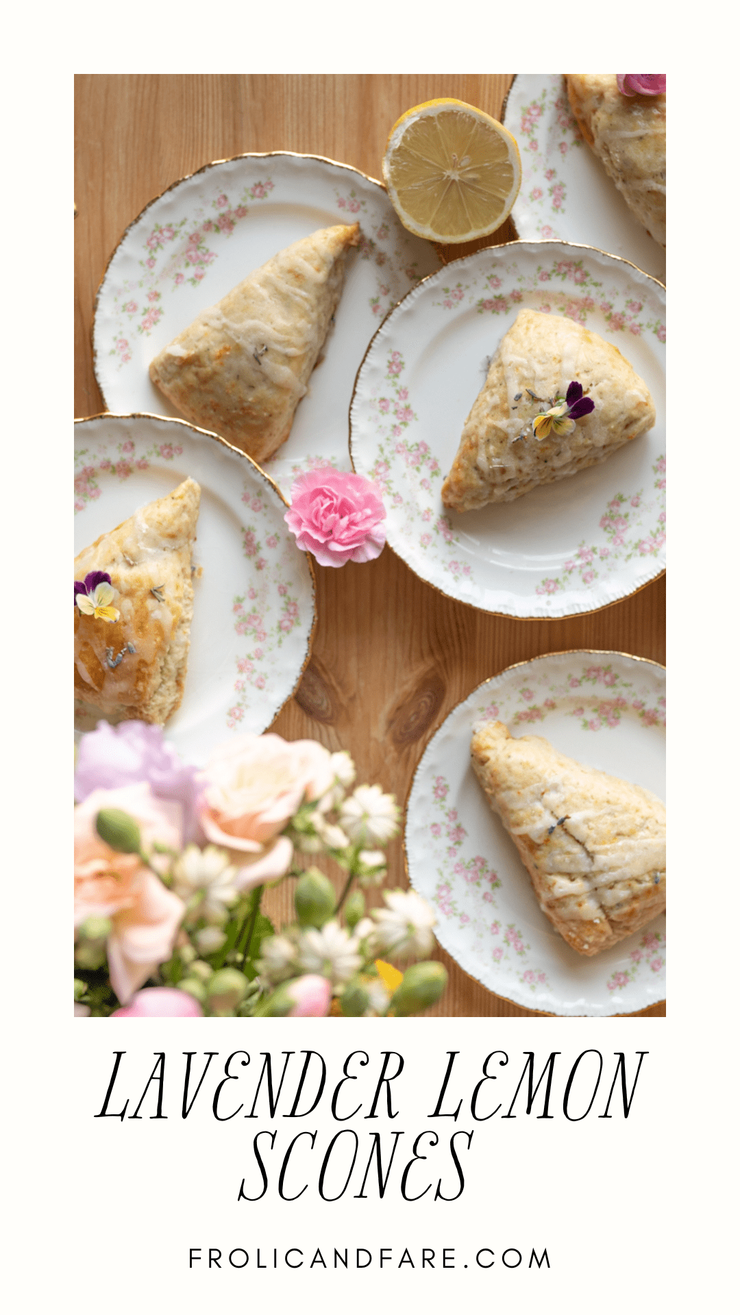 PINTEREST GRAPHIC WITH TEXT "LAVENDER LEMON SCONES" with scone facing all different directions on vintage tea plates
