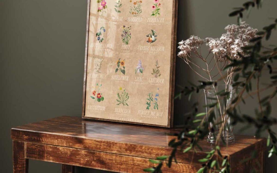 hunter green room with poster of edible flowers with sun glare and beautiful flowers