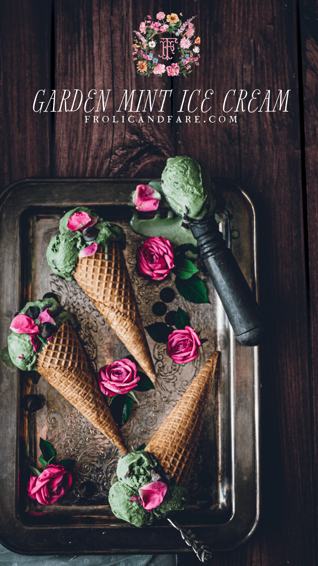 rustic silver tray with ice cream cones with natural green scoops of ice cream and dark chocolate chips and vibrant pink rose petals