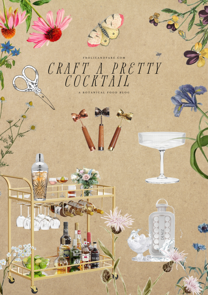 graphic of pretty bar tools and vintage illustrations of botanicals