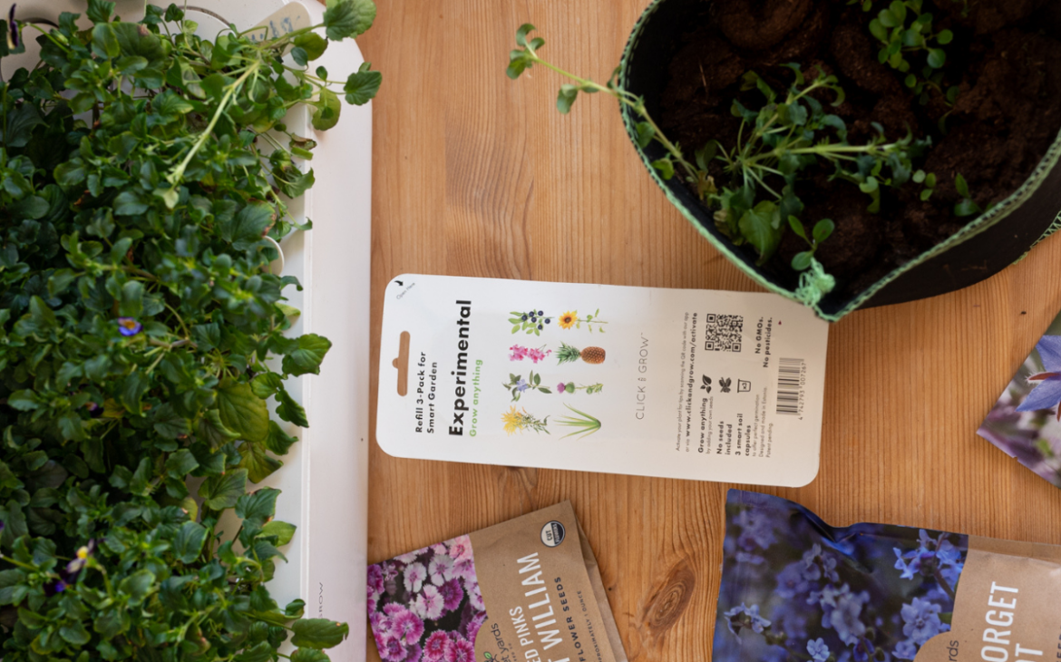 image of indoor gardening system with an abundance of flowers with edible flower seed packets