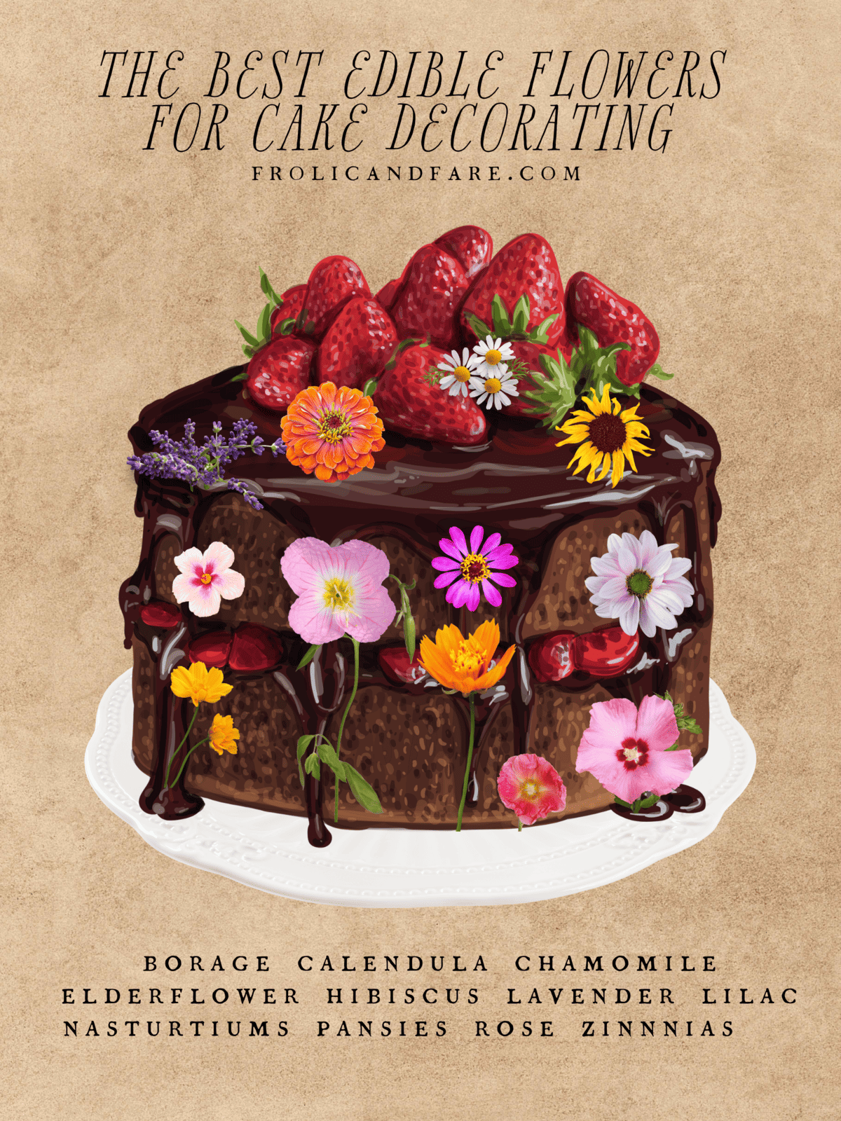 graphic with chocolate cake and edible flowers, the best edible flowers for cake