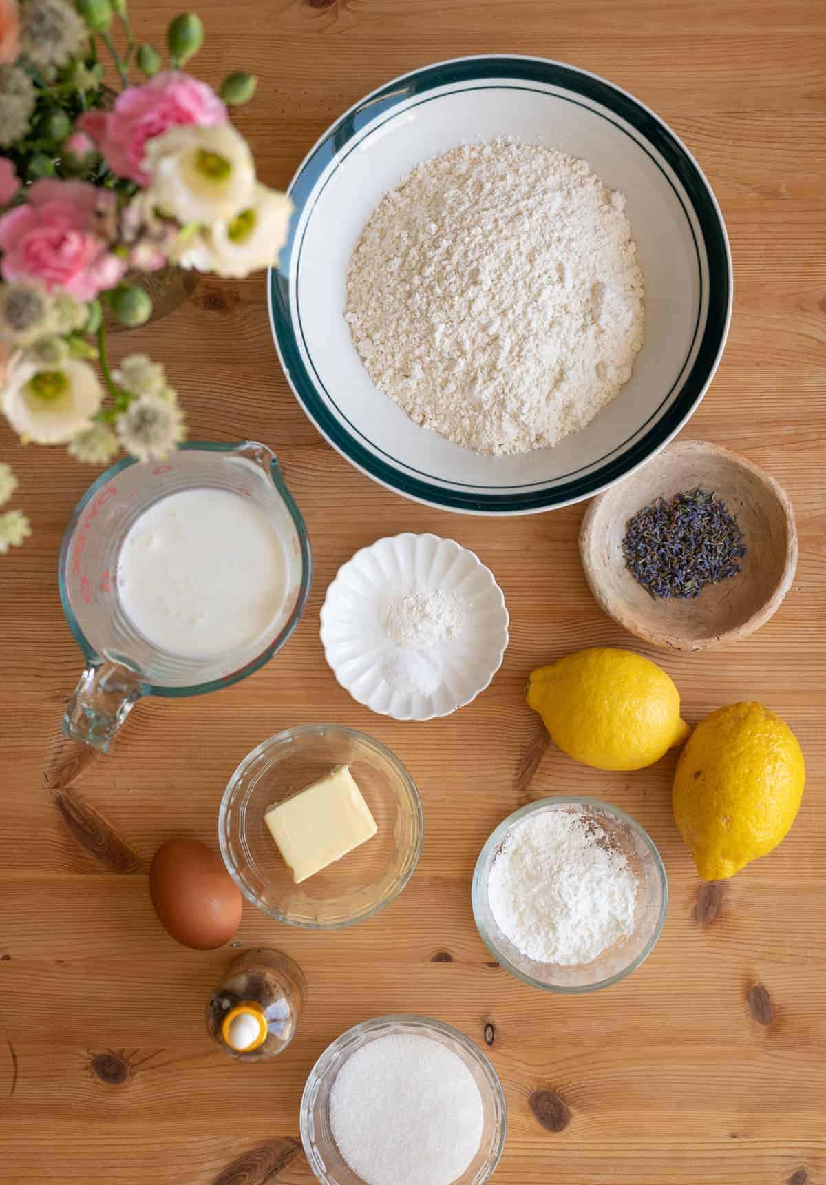 Baking ingredients on wooden table