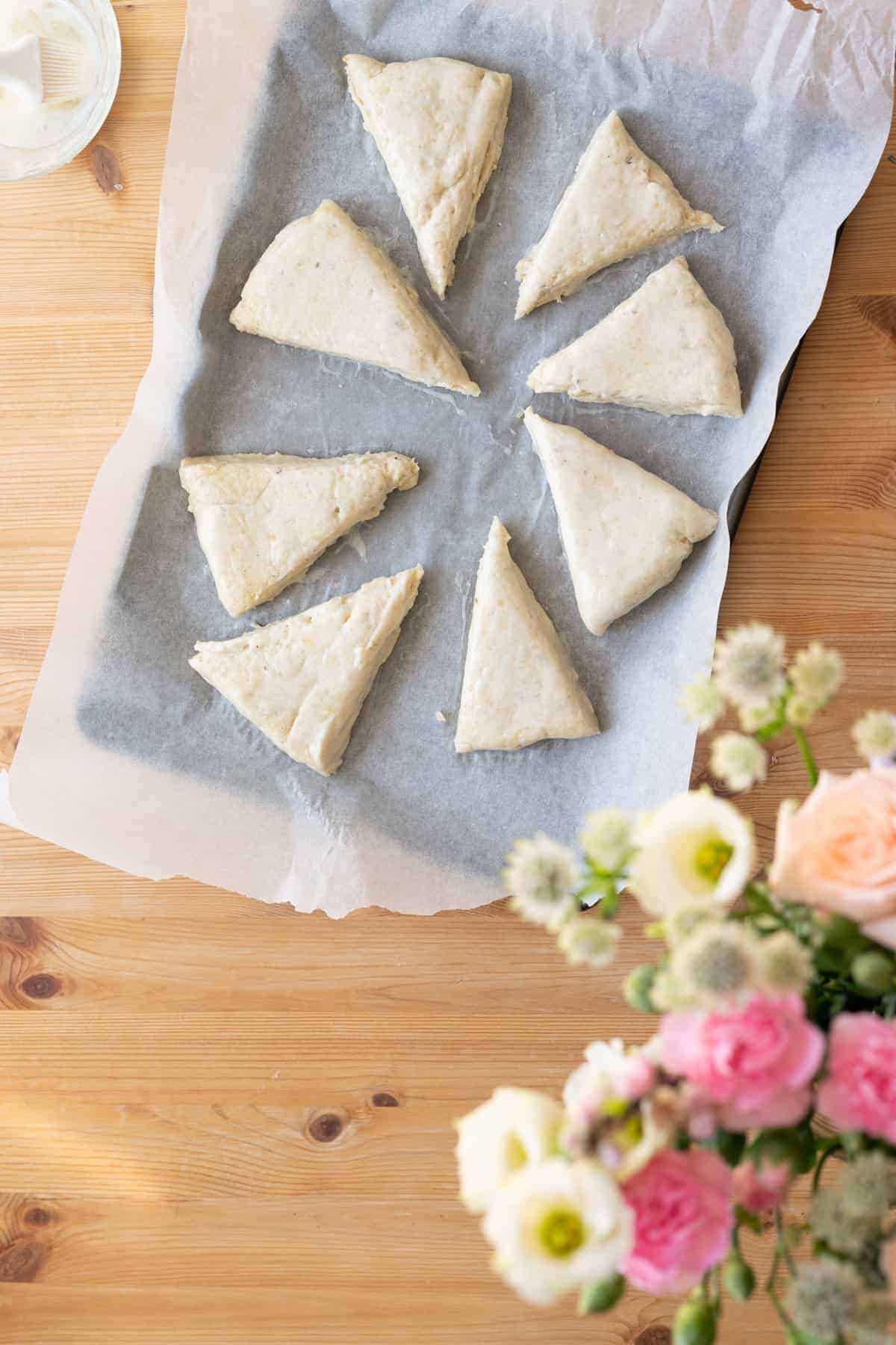 Scones arranged on parchment paper