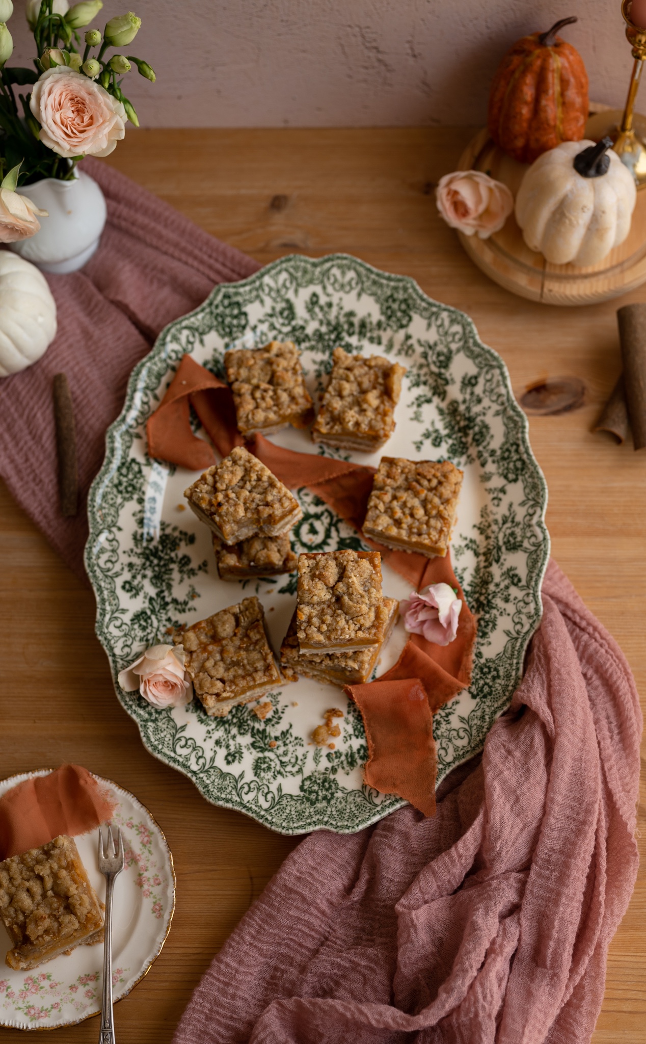 overhead shot looking onto crumble topping f pumpkin shortbreadd bars