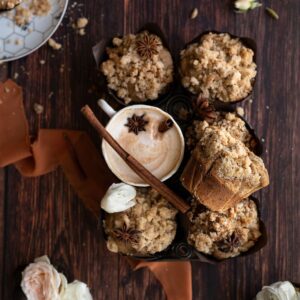 overhead image of big chai muffins with a cup of chai tea in a mug with a cinnamon stick