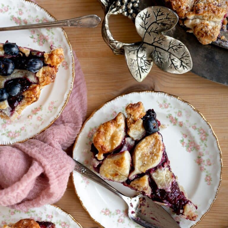 overhead image of apple blueberry pie on vintage rose plates