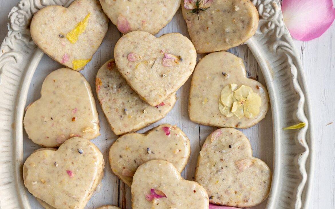 overhead shot of lemon rose shortbread with flower petals