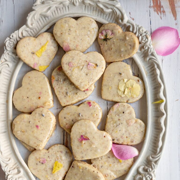 overhead shot of lemon rose shortbread with flower petals